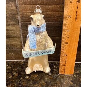 VTG Mercury Glass Polar Bear Christmas Ornament Winter Wishes Blue Scarf 5.5"
